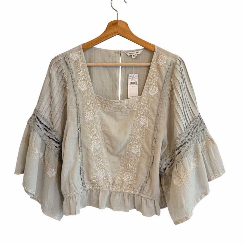 American Eagle Womens Boho Peasant Top Size M Bell Sleeves Cottage Festival NWT